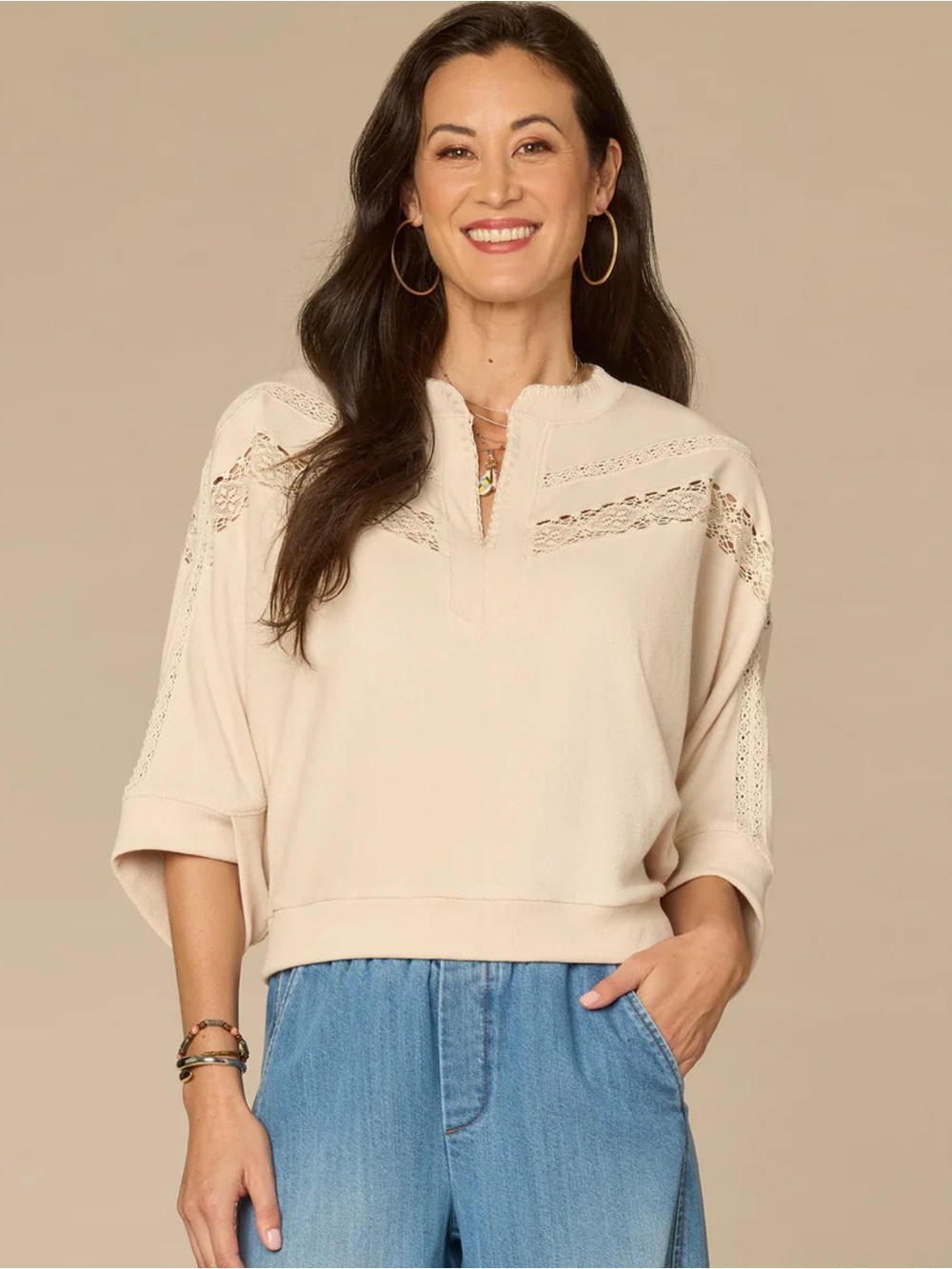 Democracy | French terry ivory cream crochet trim top Sz S petite